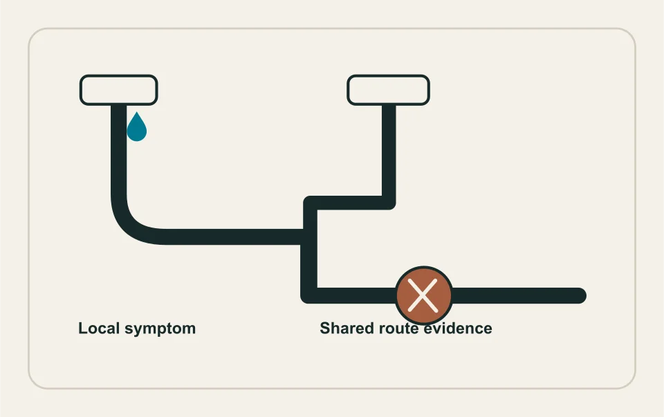 Conceptual illustration: drain symptom branches and assessed restriction.