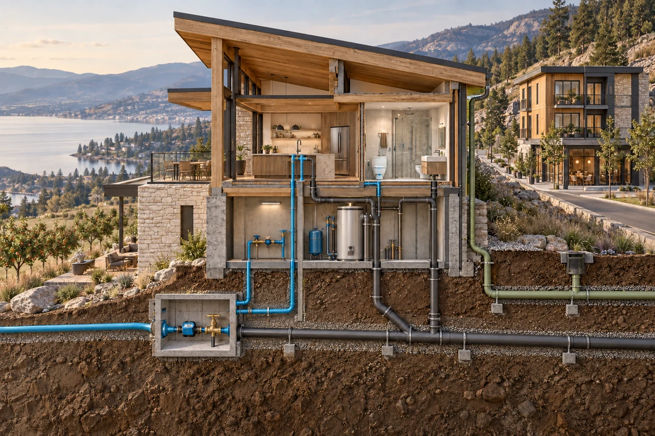 Conceptual Okanagan hillside home cutaway with separate blue drinking-water, charcoal sanitary and olive stormwater pipes, overlooking a lake and pine-covered hills.